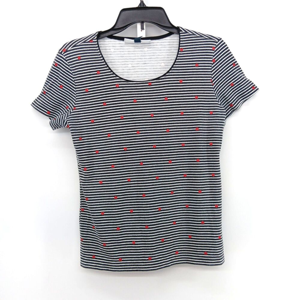 Karen Scott Shirt Womens Small Black White Striped Micro Red Glitter Hearts Top